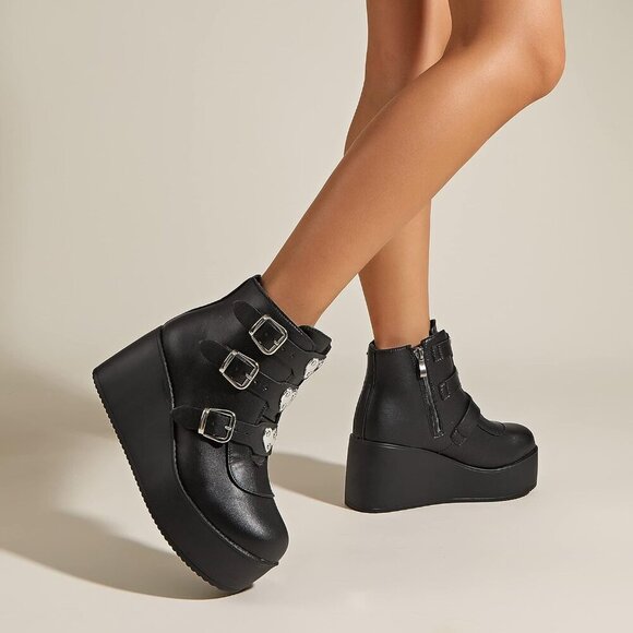 🆕 Platform Chunky Ankle Boots - Women Black Polyurethane Rave Goth Booties - Picture 7 of 10